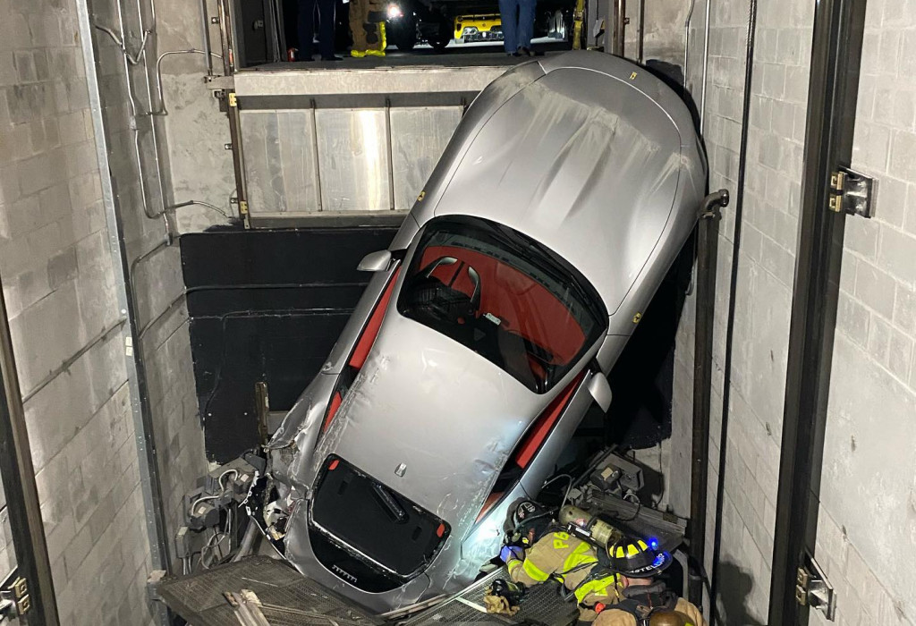 A $250,000 Ferrari Roma was destroyed when it fell off an elevator at a dealer.