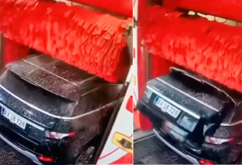 As a Range Rover passes through a car wash, watch as it is destroyed.